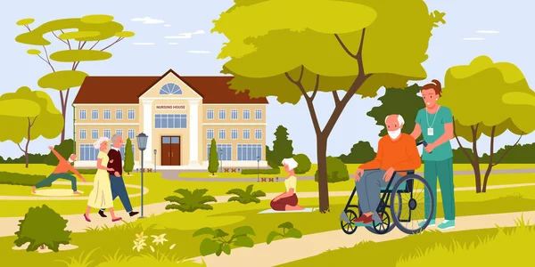 Sanatorium Pflegeheim Mit Grünem Sommerpark Für Ältere Patienten Vektor Illustration — Stockvektor