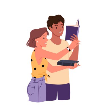 İnsanlar kağıt kitapları vektör illüstrasyonları okuyor. Çizgi film, okumak ve çalışmak için kitapları bir arada tutan öğrencileri, genç erkek ve kadın kitap ayrımcılığını, okuyucular partisi ve festival hakkında edebiyatı paylaşan kişileri izole ediyor.