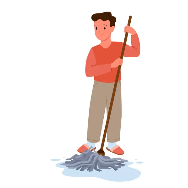 Kid Cleaning Floor Room Mop Help Mother Housework Routine Vector — Wektor stockowy