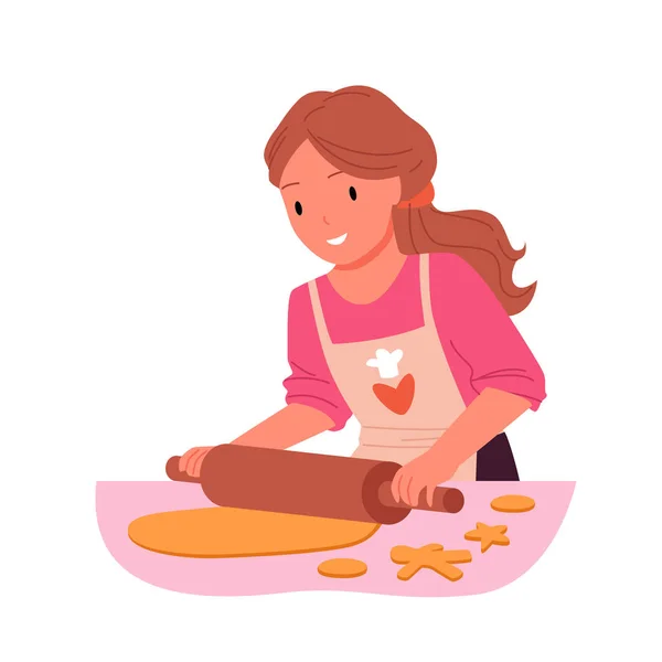 Girl Making Cookies Table Vector Illustration Cartoon Isolated Young Cute — Stock vektor