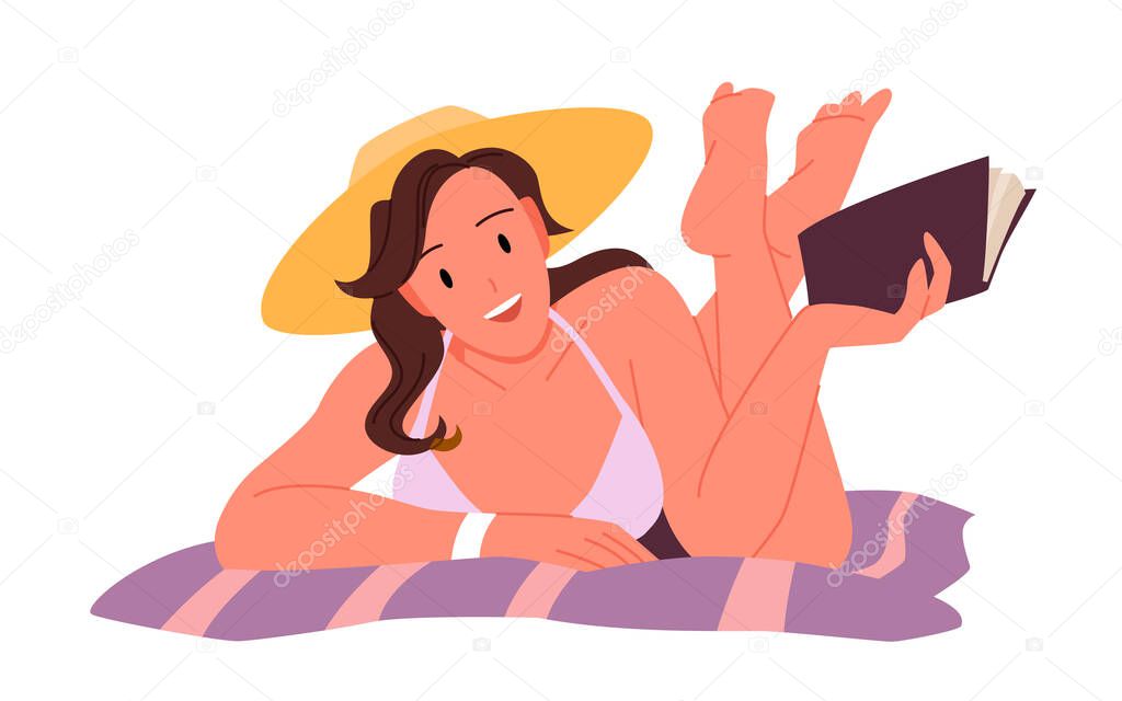 Girl reading on the beach. Summer sea vacation, woman wearing swimsuit and hat, taking sunbath vector illustration