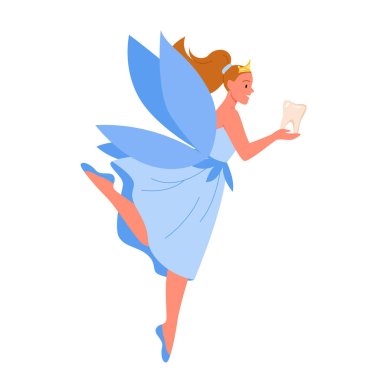 Uçan diş perisi elinde diş tutuyor. Diş Hayali Prenses, diş toplama efsanesi, büyülü gece geleneği, çocukluk hayali yaratık, yastık vektörü illüstrasyonunun altındaki dişler