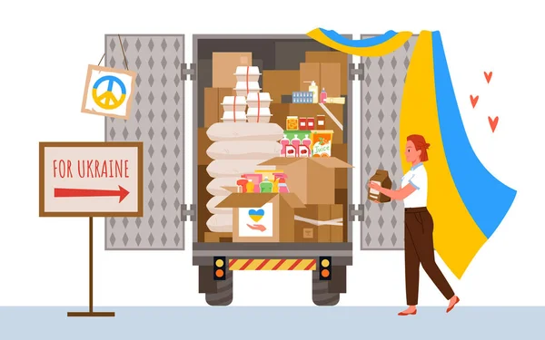 Humanitarian Aid Help Donation Ukraine Vector Illustration Cartoon Woman Volunteer —  Vetores de Stock
