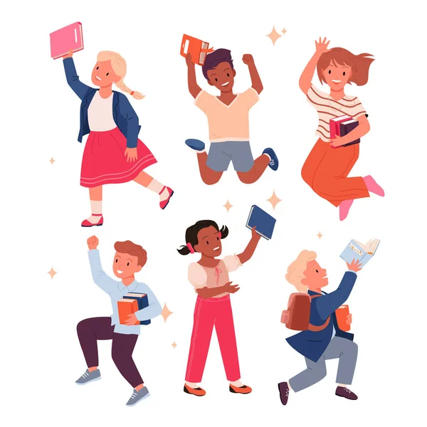 Happy Children Books Excited Kids Jumping Schoolchildren Lesson Textbooks Enjoying — Vector de stock