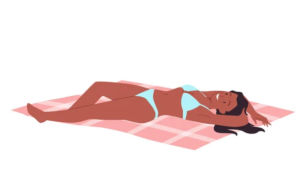 Menina Deitada Praia Mulher Relaxante Tomando Banho Sol Senhora Bronzeada — Vetor de Stock