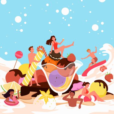 Tiny people around a giant ice cream. Summer freezy dessert, sweet fruit icecream, frozen food flavoured with vanilla and chocolate, cold creamy product vector illustration