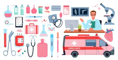 Teşhis ve tedavi için tıbbi ekipman vektör çizimi. Karikatür, doktorların hastanede, steteskop ve ambulans arabasında, termometre ve şırıngada, damlatıcıda ve haplarda izole edilmiş işyeri