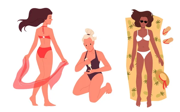 Красиві Дівчата Купальниках Пляжі Літні Канікули Приймаючи Сонячні Ванни Засмагаючі — стоковий вектор