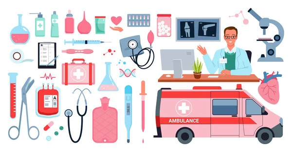 Medical Equipment Diagnosis Treatment Set Vector Illustration Cartoon Isolated Workplace — Διανυσματικό Αρχείο
