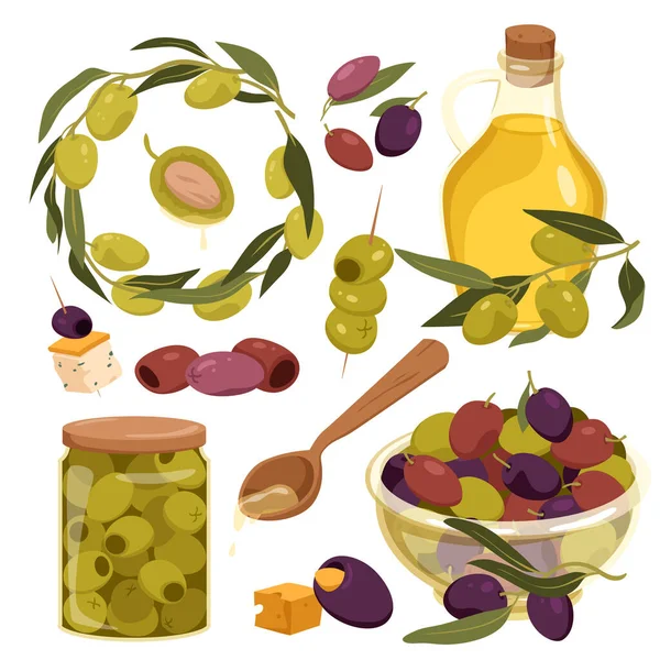 Olive Food Products Ingredients Set Vector Illustration Cartoon Isolated Green — ストックベクタ