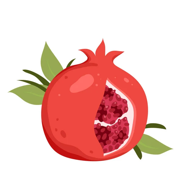 Pomegranate Red Fresh Juicy Fruit Green Leaves Vector Illustration Cartoon — Stock Vector