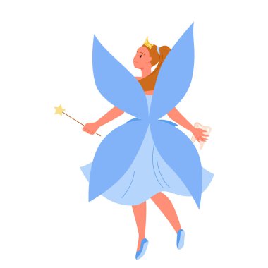 Sihirli diş perisi diş taşıyor. Dişçi prenses dişlerini döküyor, çocukluk masalı, gece efsanesi, elbiseler ve taçtaki uçan peri, diş bakımı hijyen vektörü çizimi