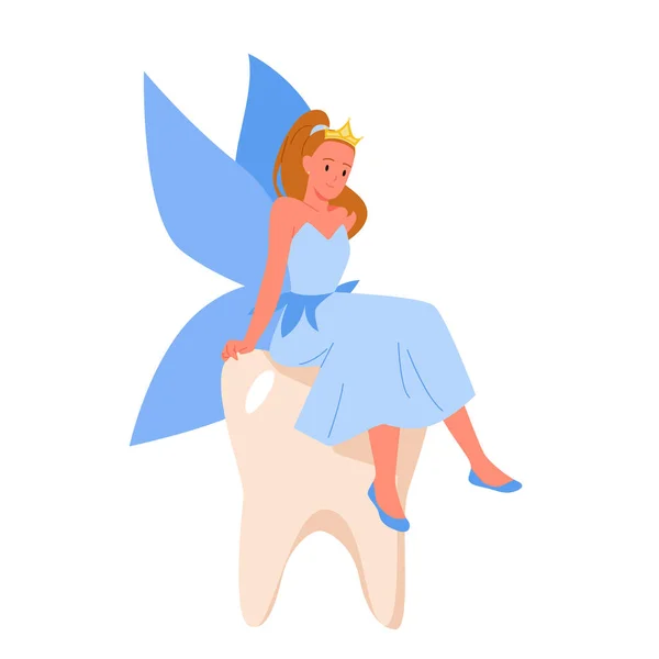 Tooth Fairy Sitting Kids Molar Vector Illustration Cartoon Isolated Cute — ストックベクタ