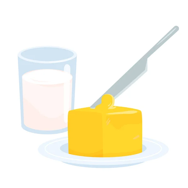 Butter Plate Milk Glass Dairy Food Products Calcium Vitamins Vector — стоковый вектор