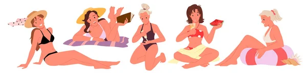 Girls Swimsuit Sunbathing Summer Beach Set Vector Illustration Cartoon Isolated — Wektor stockowy