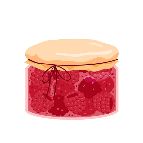 Raspberry Jam Vector Illustration Cartoon Isolated Glass Jar Homemade Red — Διανυσματικό Αρχείο