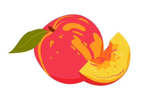 Peach Ripe Fruit Green Leaf Vector Illustration Cartoon Isolated Whole — 图库矢量图片