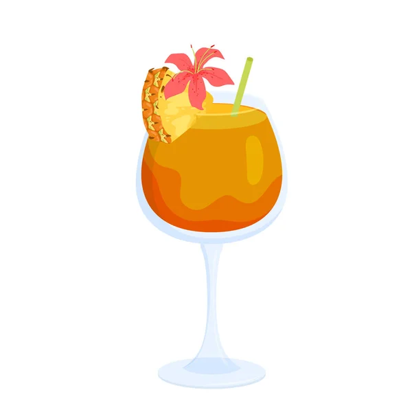 Tropical Cocktail Glass Pineapple Slice Exotic Flower Straw Vector Illustration — Stock Vector