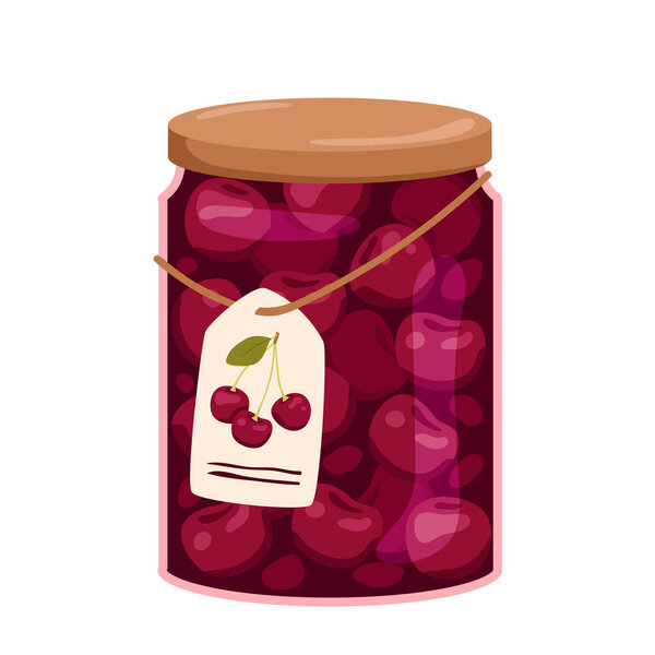 Cherry jam vector illustration. Cartoon isolated round glass jar with lid, hanging on rope paper label and canned berries, sweet homemade preserve, jam product from sour berry and sugar syrup