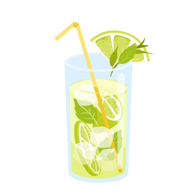 Bardakta mojito kokteyli ve saman vektör çizimi. Çizgi film, nane yaprağı, buz küpleri, taze ekşi limon ve Küba romu, ferahlatıcı tropikal şeffaf içecek ile izole edilmiş yaz alkolü içeceği.