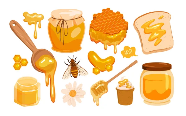 Bee Honey Set Vector Illustration Cartoon Isolated Sweet Beekeeping Farm —  Vetores de Stock