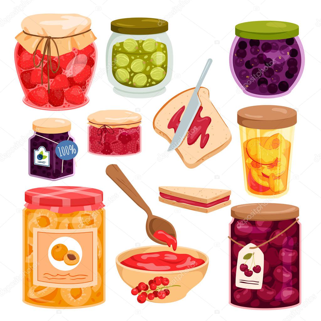 Fruit jam set vector illustration. Cartoon isolated glass bottle, spoon and pot with jelly jam, jar package with organic marmalade and lid, bread toast with sweet sugar confiture for breakfast