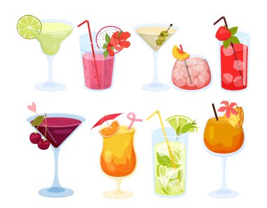 Set of various summer colorful cocktails. Cocktail party, alcohol drinks with exotic fruits, mojito and gin glasses, beverages with tropical decorations vector illustration