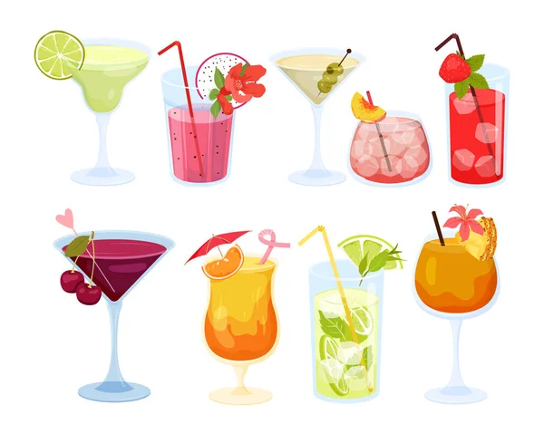 Set Various Summer Colorful Cocktails Cocktail Party Alcohol Drinks Exotic — Stockvector