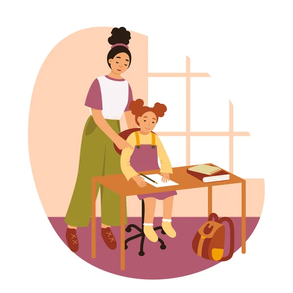 Cartoon Child Student Sitting Table Studying Book Mother Standing Next — Wektor stockowy