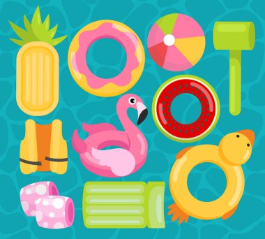 Su vektörü illüstrasyonunda halka oyuncakları. Çizgi film şişirilebilir hayat kurtarır yaz plajı ya da yüzme havuzu için yüzen hayat şamandırası, komik renkli plastik oyuncaklar yüzme öğrenen çocuklar için.