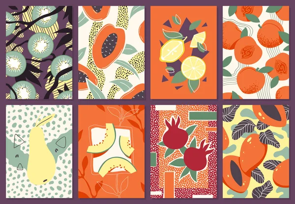 Summer Fruit Plant Branches Leaves Art Patterns Set Vector Illustration — Vector de stock