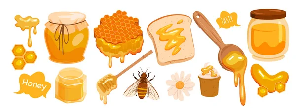 Set Honey Products Jar Honey Bee Insect Honey Dipper Honeycomb — ストックベクタ