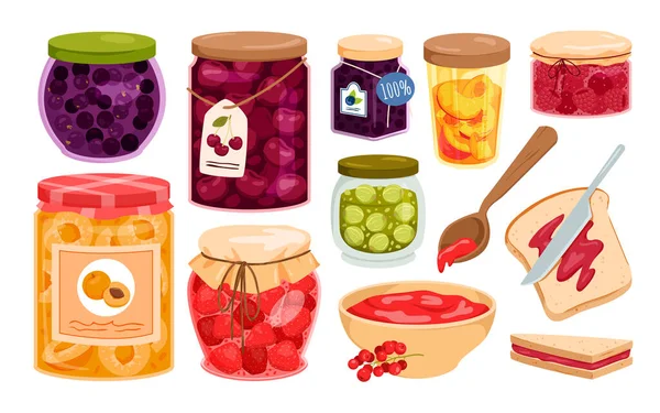 Set Berries Jams Jar Homemade Jam Natural Organic Products Toast — стоковый вектор