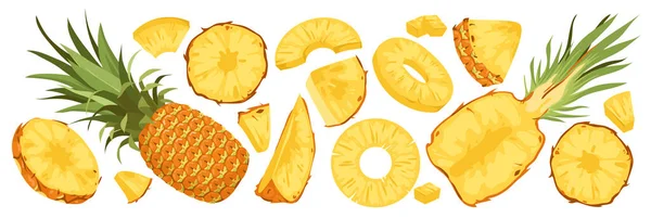 Pineapple Set Vector Illustration Cartoon Isolated Whole Tropical Fruit Cut — Vector de stock