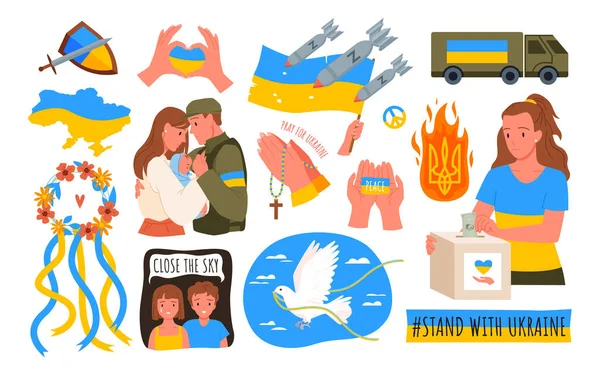 Set Ukraine War Elements Humanitarian Help Supporting People Country Pray — 图库矢量图片