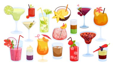 Cocktails set for beach party, bar or restaurant menu vector illustration. Cartoon isolated glasses collection with different cold alcohol drinks, juice summer fruit and mint, umbrella and ice cubes