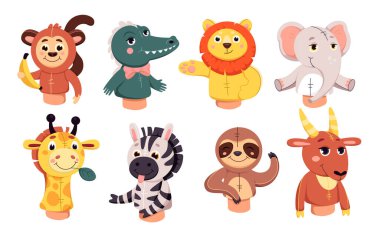 Finger or hand dolls set for puppet theater vector illustration. Cartoon isolated handmade marionette characters for show in theatre, funny monkey sloth zebra giraffe crocodile lion elephant goat