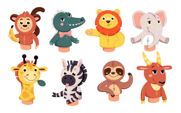 Finger or hand dolls set for puppet theater vector illustration. Cartoon isolated handmade marionette characters for show in theatre, funny monkey sloth zebra giraffe crocodile lion elephant goat