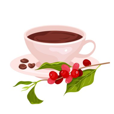 Coffee cup and natural twig with red ripe berry fruit, leaf and roasted grain vector illustration. Cartoon isolated healthy morning drink with coffee plant from plantation and brown seeds on plate