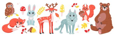 Cute wild animals and birds set vector illustration. Cartoon isolated forest characters with autumn berry fruit on plants and mushrooms, squirrel with acorn and deer, fox and wolf, owl and bear
