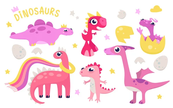 Cute Pink Dinosaur Set Vector Illustration Cartoon Isolated Adorable Dino — Stockový vektor