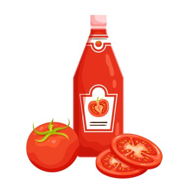 Tomato ketchup bottle vector illustration. Cartoon isolated glass or plastic container with paper label and cap, ripe juicy red tomatoes cut into slices and whole, condiment and dressing for BBQ