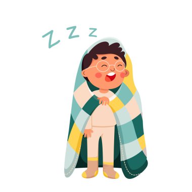 Sleepy boy with yawn vector illustration. Cartoon isolated funny tired child with closed eyes, sleepwear clothes and soft blanket standing and sleeping, cute kid sleepwalking at night and yawning