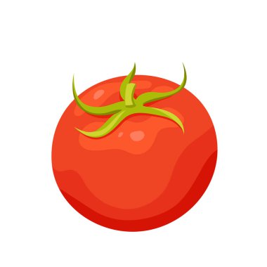 Whole red tomato fruit vector illustration. Cartoon isolated single ripe organic tomato with green leaves, food ingredient for cooking sauces and ketchup, vegetarian tasty and healthy recipes