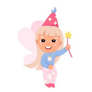 Visit of magical tooth fairy vector illustration. Cartoon cute cheerful fairytale character from childhood flying, isolated happy kawaii girl with pink butterfly wings holding magic wand with star