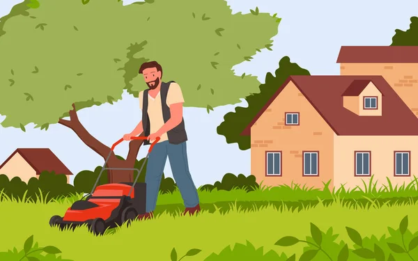 Man Mowing Green Grass Push Lawn Mower Yard House Vector — 스톡 벡터