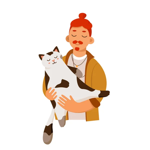 Άντρας Κρατώντας Γάτα Χέρια Διανυσματική Απεικόνιση Γελοιογραφία Απομονωμένο Νεαρό Αρσενικό — Διανυσματικό Αρχείο