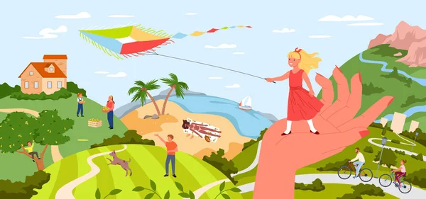Memories Summer Holidays Childhood Vector Illustration Cartoon Womans Hand Holding — Stockvektor