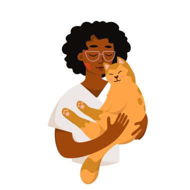 Girl holding cat vector illustration. Cartoon isolated young happy woman character with glasses carrying cute little pet, hugs, leisure and love emotions of friends, lady and kawaii companion