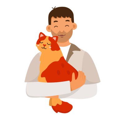 Man holding cat vector illustration. Cartoon isolated adorable sweet scene with two friends hug and cuddle, pet owner character carrying happy animal in arms, guy playing with pretty funny kitty